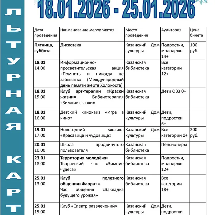 Культурная карта с 18 по 25 января