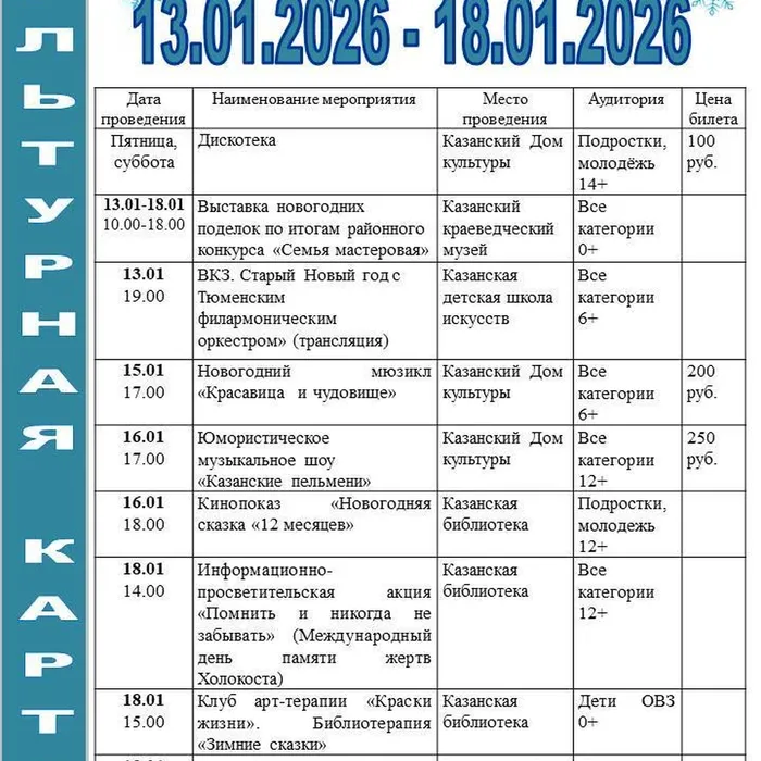 Культурная карта с 13 по 18 января